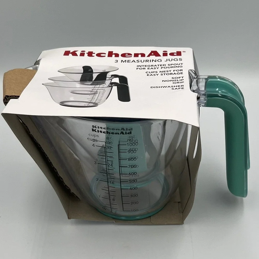 KitchenAid Measuring Jugs Set 3pc Teal Nesting Easy Pour Spouts New